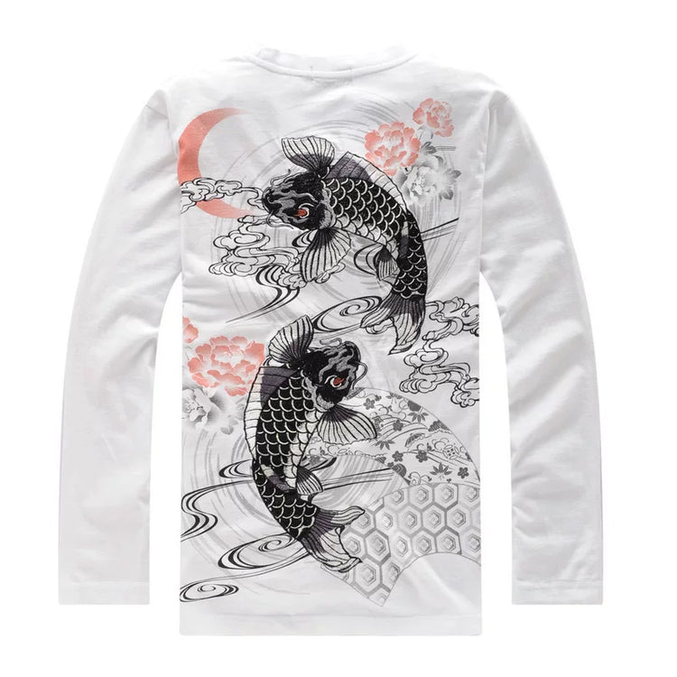 Classic Chinese style embroidery long sleeve T-shirt men's embroidered garden collar tattoo ukiyo-e auspicious carp