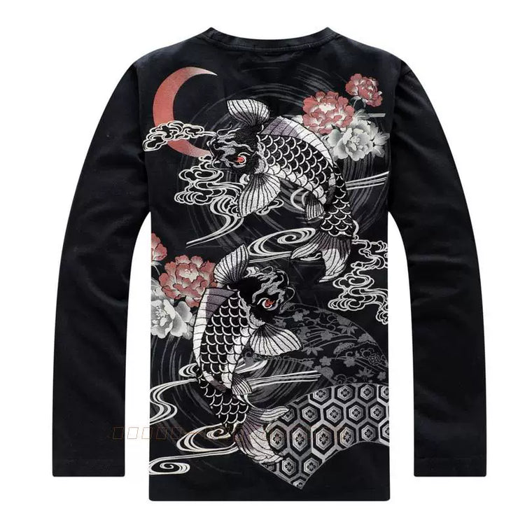 Classic Chinese style embroidery long sleeve T-shirt men's embroidered garden collar tattoo ukiyo-e auspicious carp