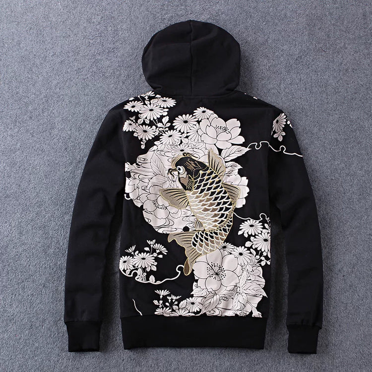 Chinese national style embroidery koi fish hooded sweater thick winter personality trend men's casual jacket zipper