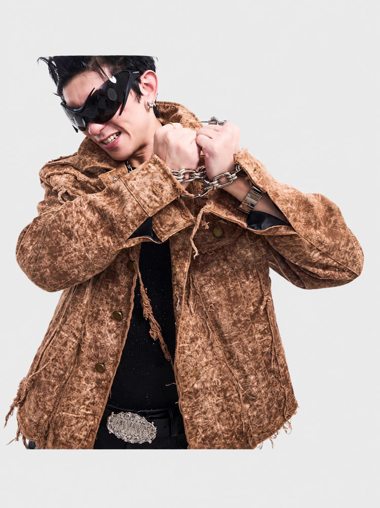 Hong Kong-style bf loose high street original niche desert wasteland style frayed denim jacket men's spring/autumn jacket
