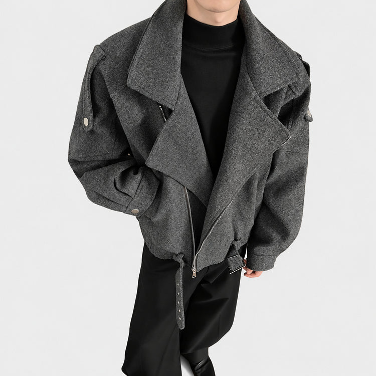 Gray woolen jacket men's winter cleanfit deconstructs high-end niche woolen coat waist cropped jacket