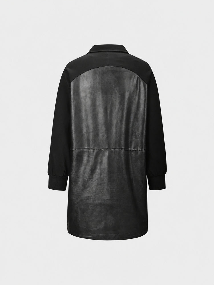 Cross-border European and American minimalist black mid-length leather trench coat women's jacket, lapel single-breasted loose PU leather jacket