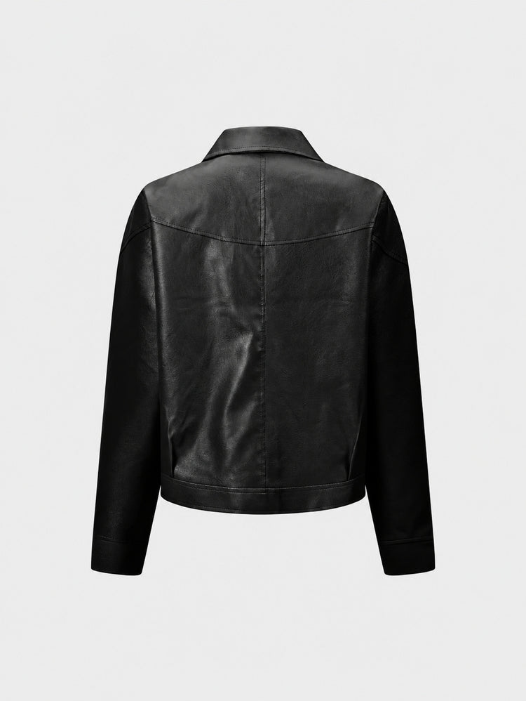 Cross-border European and American vintage women's PU leather jacket with turn-down collar, diagonal zipper, new export simple women's jacket