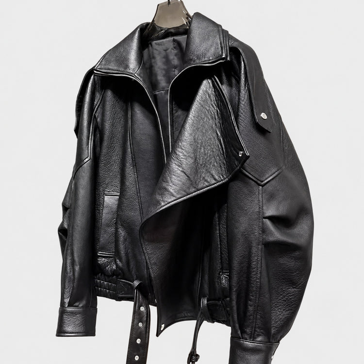 Haining's new leather jacket, motorcycle jacket, loose leather jacket, 2026 autumn new silhouette, double-collar, cropped jacket, women
