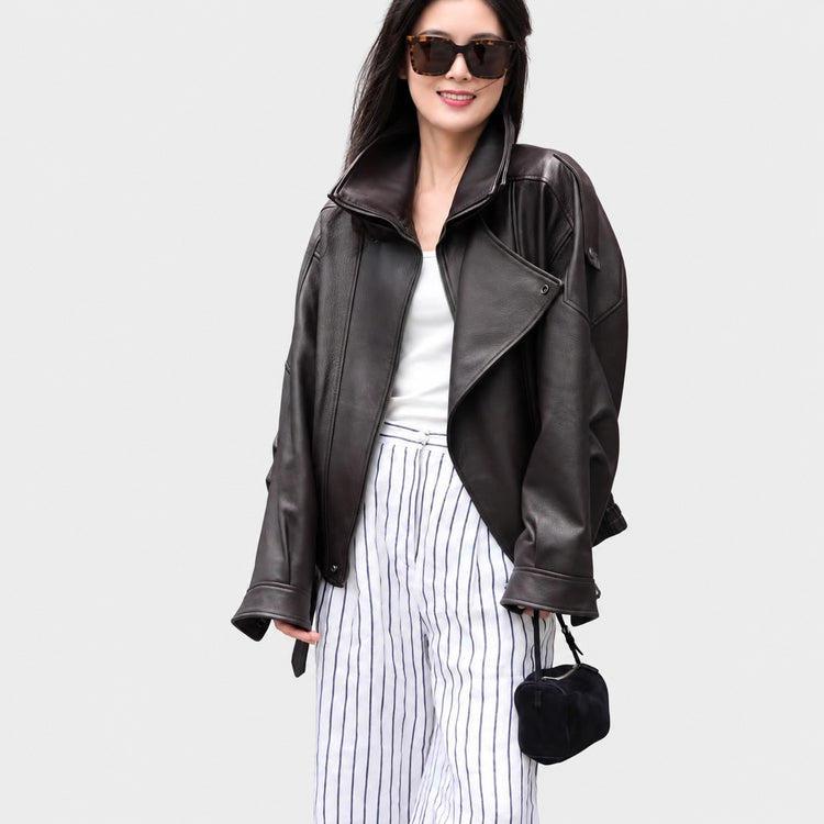 Haining's new leather jacket, motorcycle jacket, loose leather jacket, 2026 autumn new silhouette, double-collar, cropped jacket, women