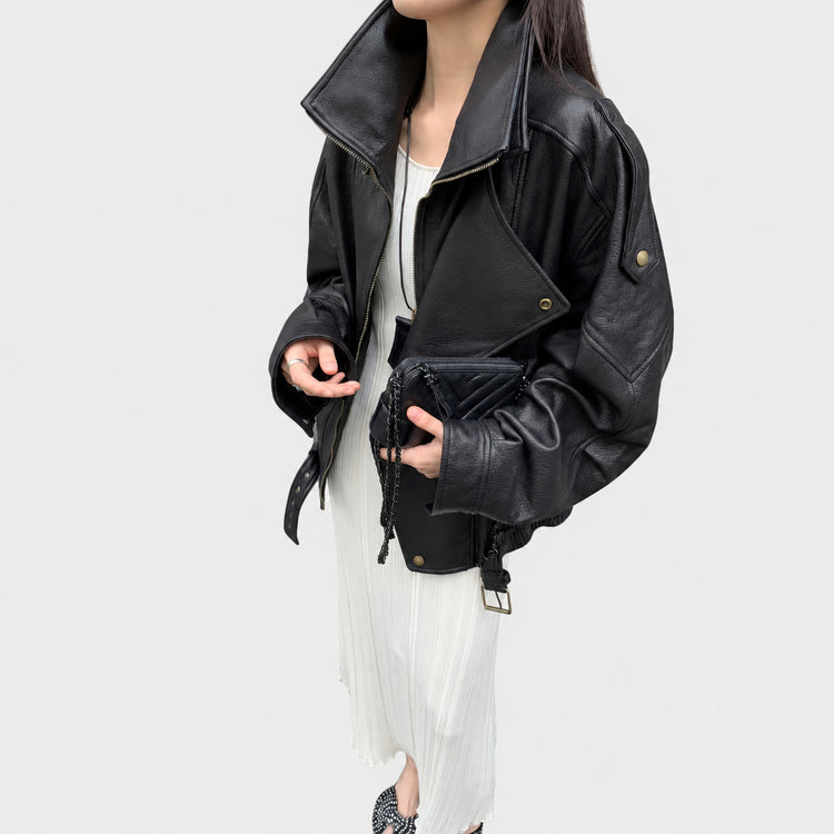 Haining's new leather jacket, motorcycle jacket, loose leather jacket, 2026 autumn new silhouette, double-collar, cropped jacket, women