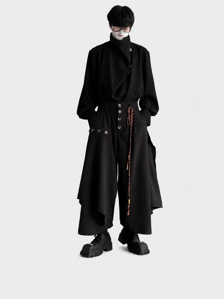 New Chinese trousers, men's Japanese retro, high-end design, handsome pants, irregular drape, wide-legged culottes, autumn