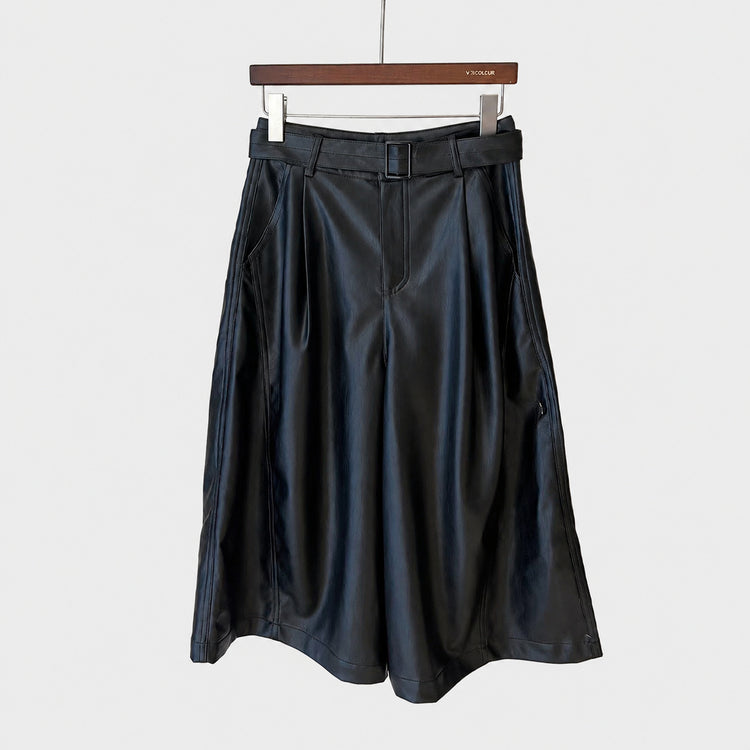 High-waisted seven-quarter PU leather wide-leg pants for women, loose drape, 2026 new autumn/winter high-waisted slimming loose three-quarter mid-length pants