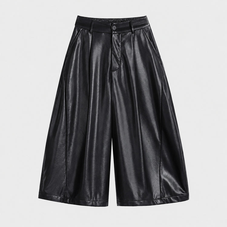 Tangtang~ Seven-quarter vintage wide-leg leather pants for women, 2026 autumn new old money style, drapey versatile casual PU leather pants