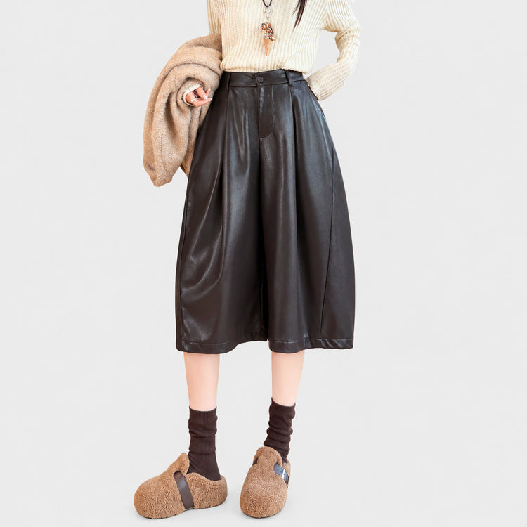 Autumn new Korean old money style retro three-quarter wide-leg leather pants, drapey versatile casual leather pants for women