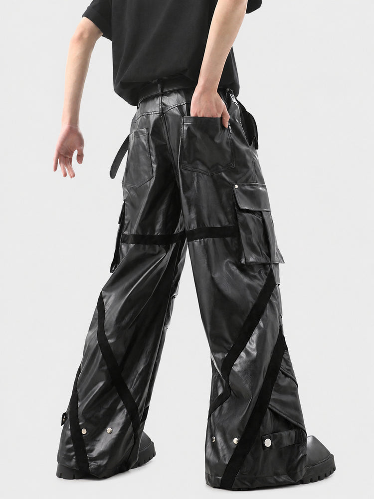American high-end wide-leg cargo leather pants men's mopping black PU leather slacks niche design sense deconstructed pants