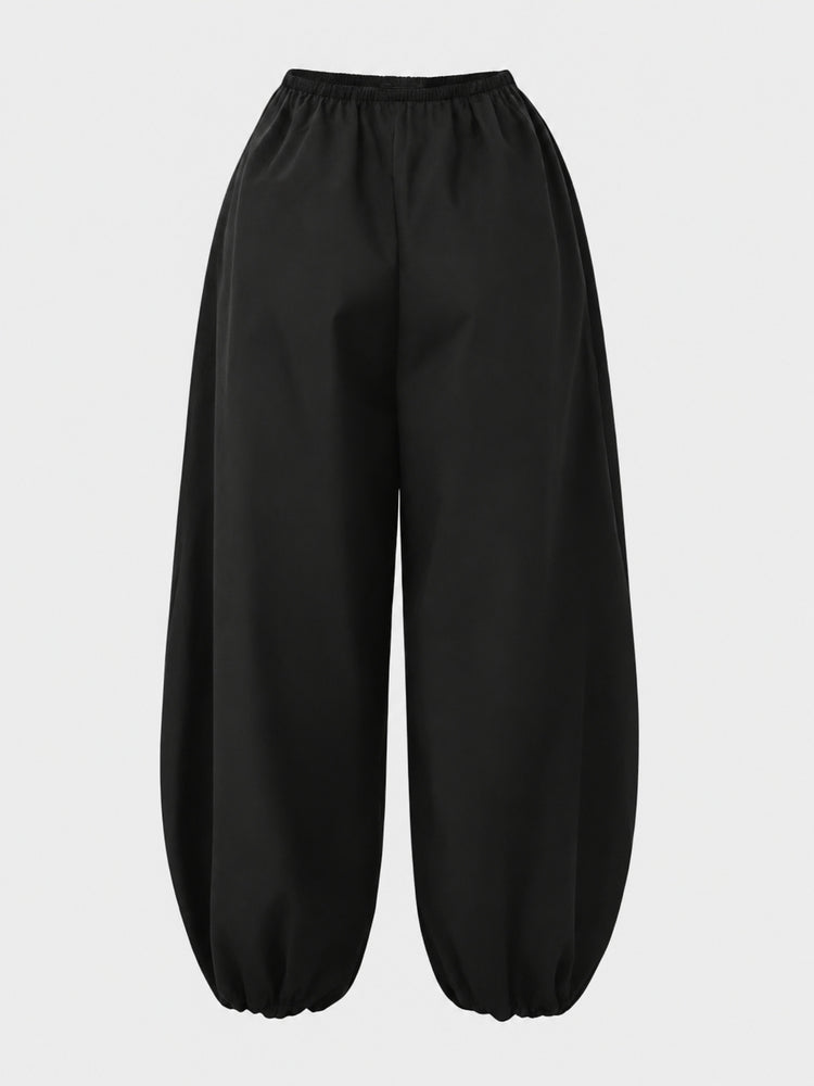 Women's cropped pants, solid color spring/summer design layered lantern pants, high-waisted elastic waist loose cropped pants, casual wear