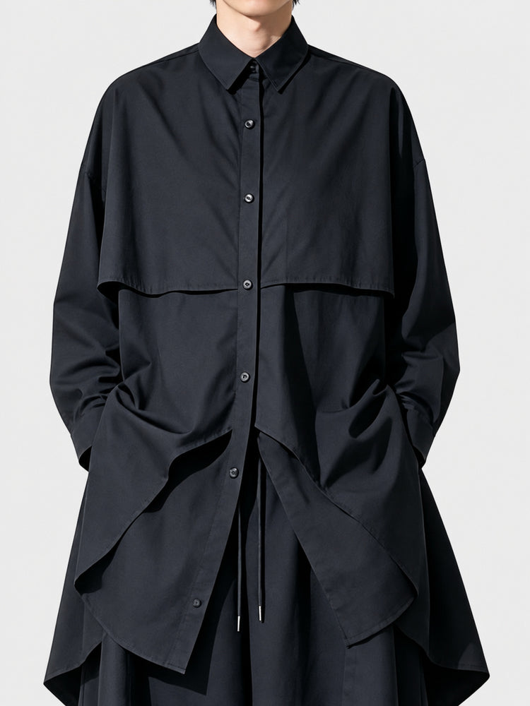 A166 black irregular cotton mid-length long-sleeve shirt for men, loose Japanese Yoshi style high-end shirt