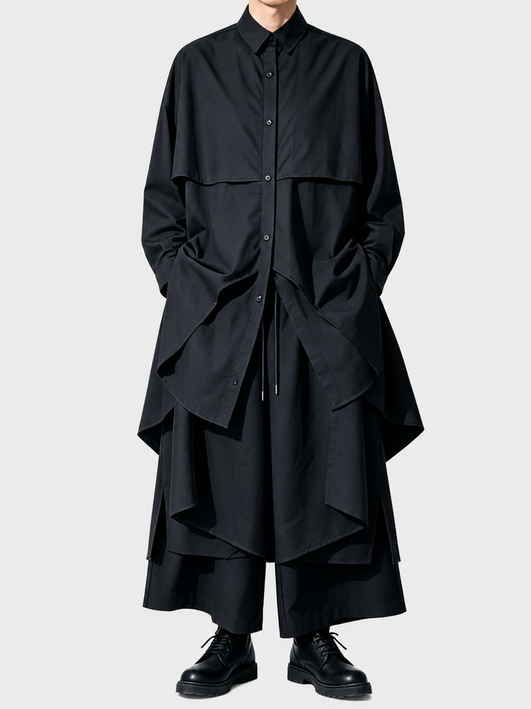 A166 black irregular cotton mid-length long-sleeve shirt for men, loose Japanese Yoshi style high-end shirt