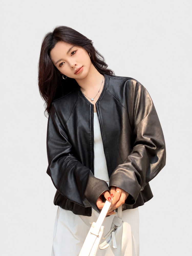 Haining genuine leather jacket for women, 2026 autumn/winter sheepskin jacket, bat-sleeve short crew neck jacket, short lambskin
