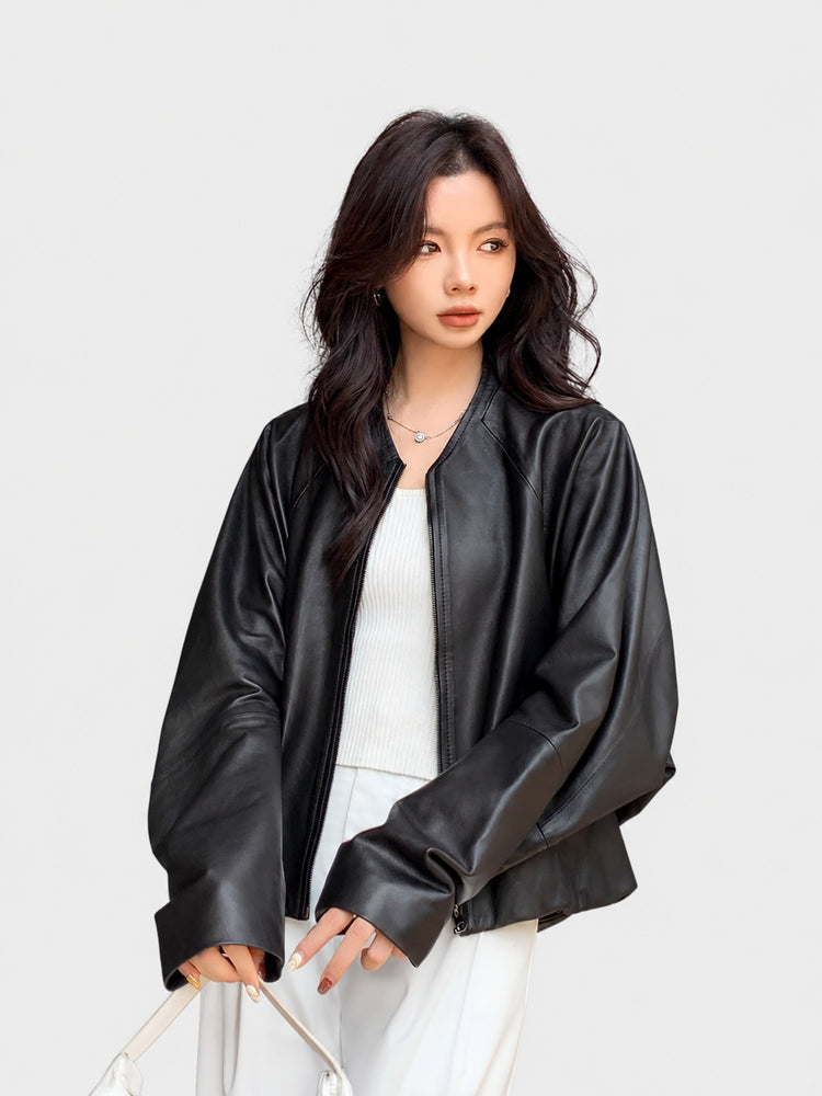 Haining genuine leather jacket for women, 2026 autumn/winter sheepskin jacket, bat-sleeve short crew neck jacket, short lambskin