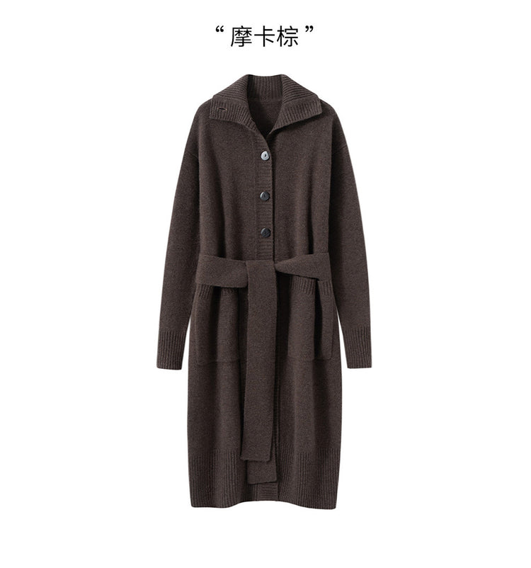 Light luxury and high-end 100% pure cashmere sweater, women's lapel mid-length knit cardigan, loose and slimming coat