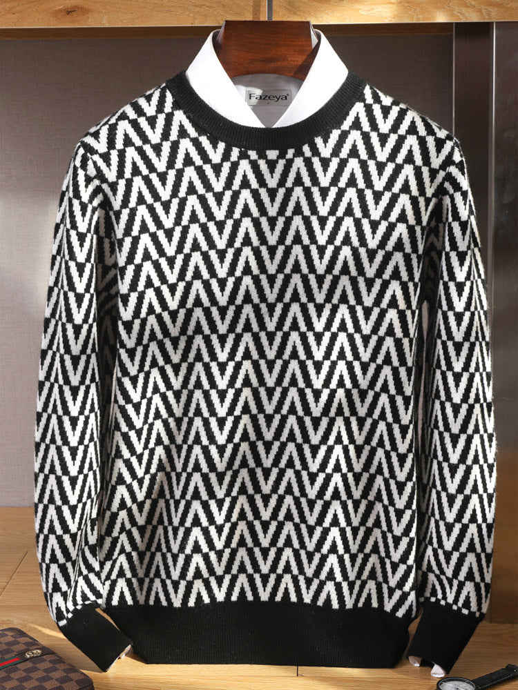 Men's 100% Pure Wool Sweater 2 Autumn/Winter New Coffee-Base White Wavy Round Neck Knit Non-Irritating Men's Wear