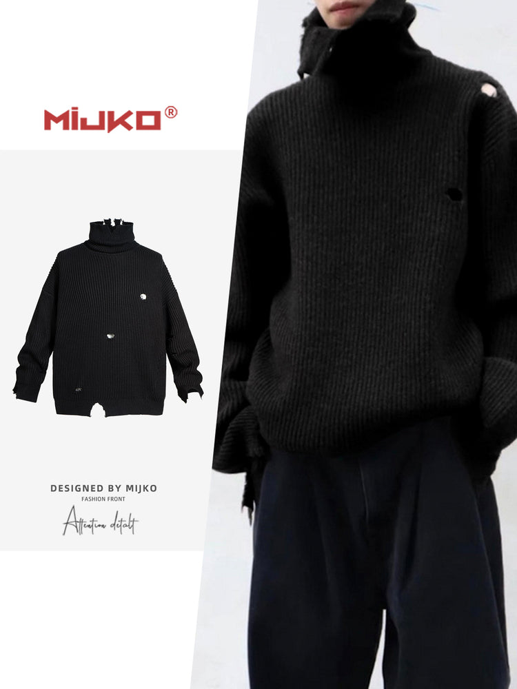 MIJKO men's women's irregularly cut pullover tide unisex turtleneck knitwear silhouette ruined sweater