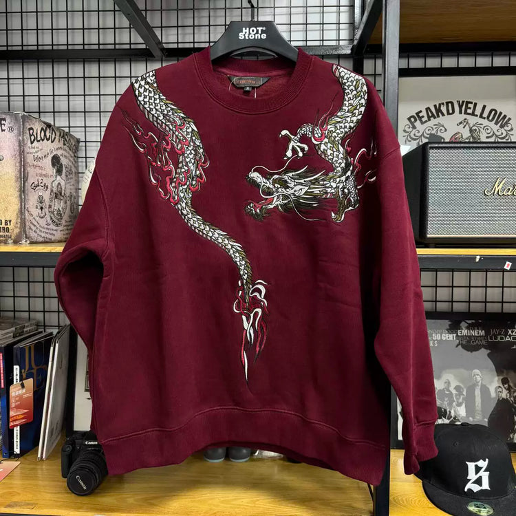 The national tide wash, the old Chinese style, the heavy Yokosuka dragon embroidery, the round neck sweatshirt, the cotton male and female couples, the spring and autumn new
