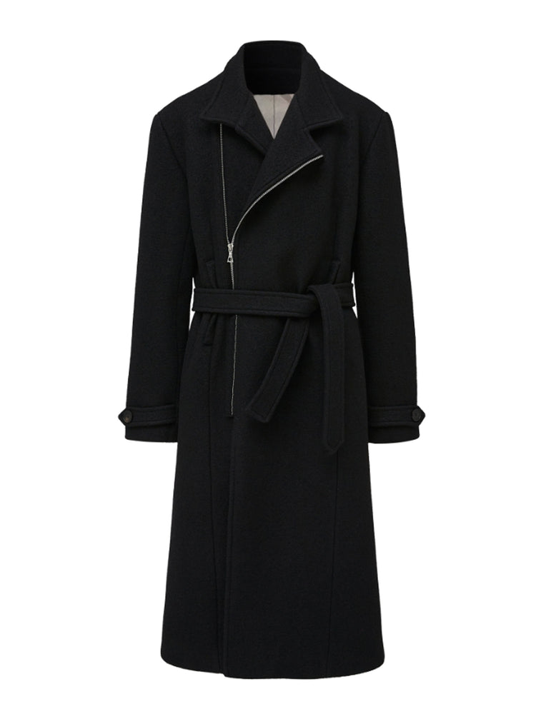 TAICHIISM "100 wool diagonal zipper" strap-on type small stand-up collar tucks lumbar muscle woolen old money coat
