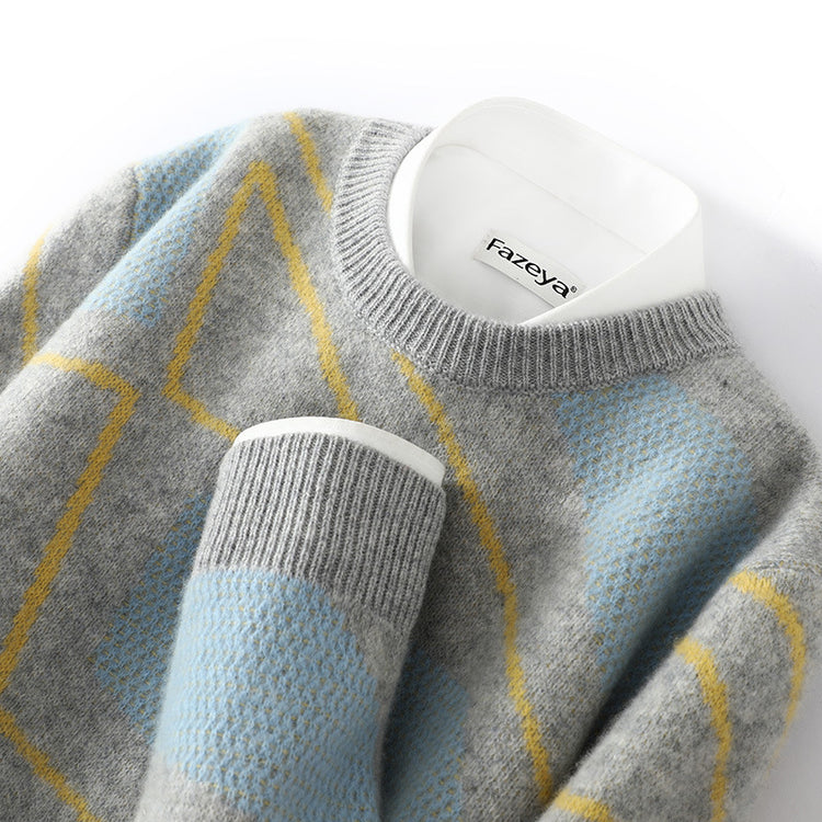 Men's pure wool sweater, teenage irregular pattern knit base shirt, winter plus-size cashmere sweater, crew neck sweater