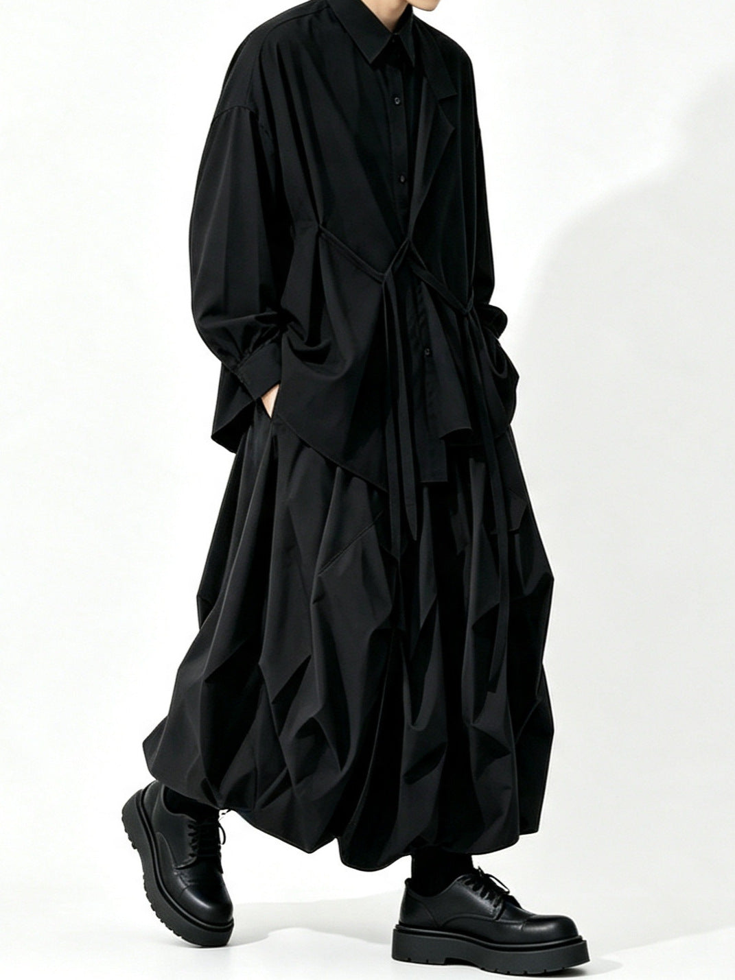 A157 black long Lyocell top, loose drape dark Japanese Yoshi trench coat style Tencel shirt