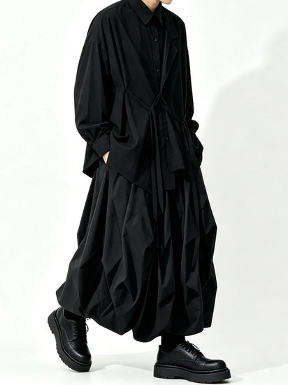A157 black long Lyocell top, loose drape dark Japanese Yoshi trench coat style Tencel shirt