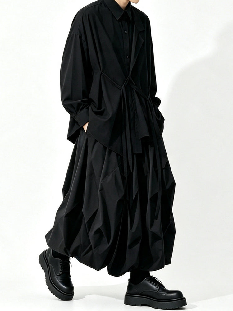 A157 black long Lyocell top, loose drape dark Japanese Yoshi trench coat style Tencel shirt
