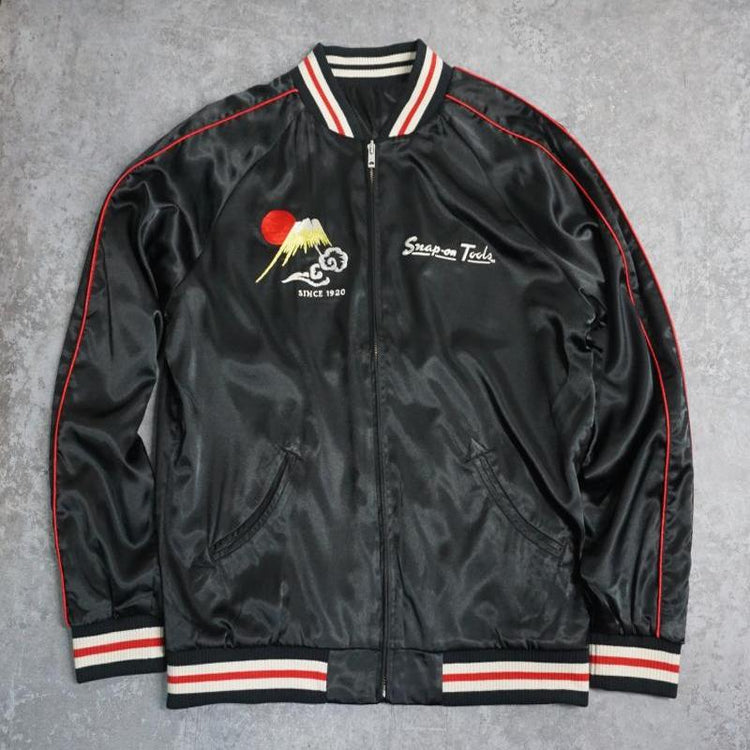 A classic retro biker collaboration Yokosuka embroidered reversible baseball jacket
