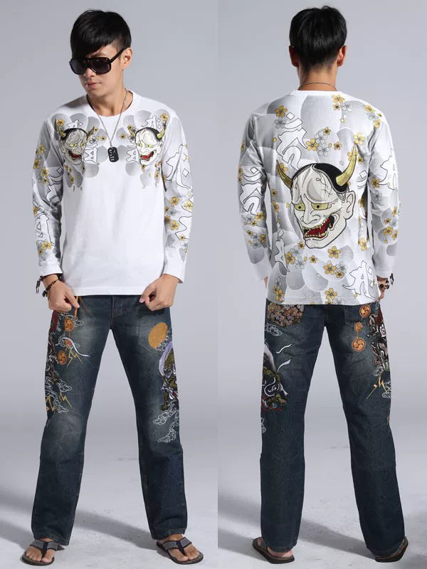 Foreign trade exports to Japan round neck embroidery long sleeve T-shirt and handle Yokosuka ukiyo-e tattoo tattoo embroidery flower banno