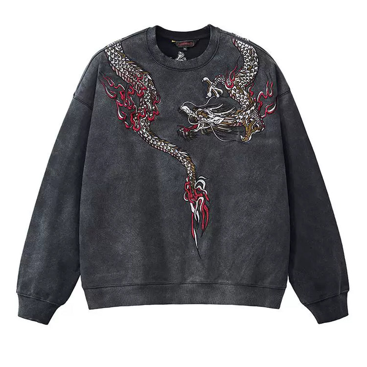 The national tide wash, the old Chinese style, the heavy Yokosuka dragon embroidery, the round neck sweatshirt, the cotton male and female couples, the spring and autumn new