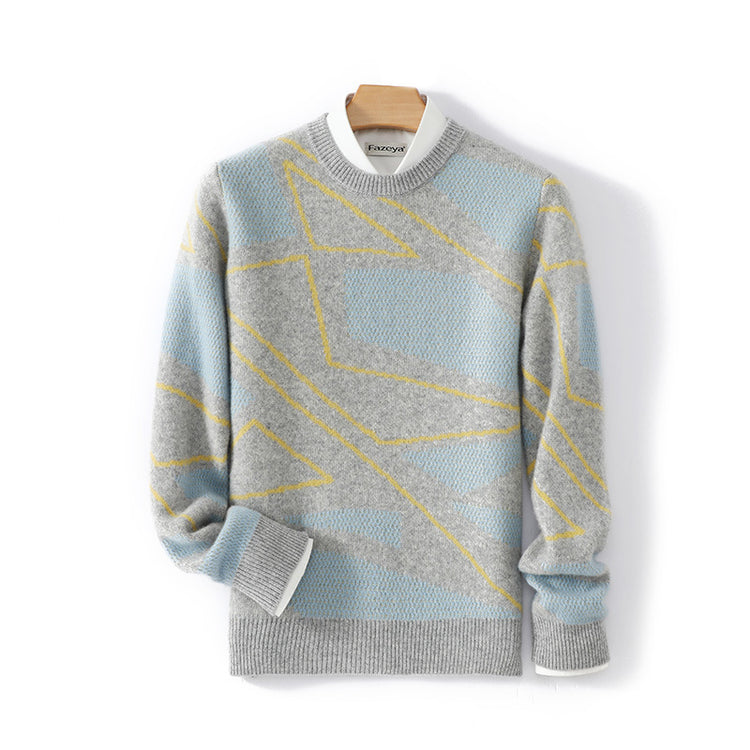 Men's pure wool sweater, teenage irregular pattern knit base shirt, winter plus-size cashmere sweater, crew neck sweater