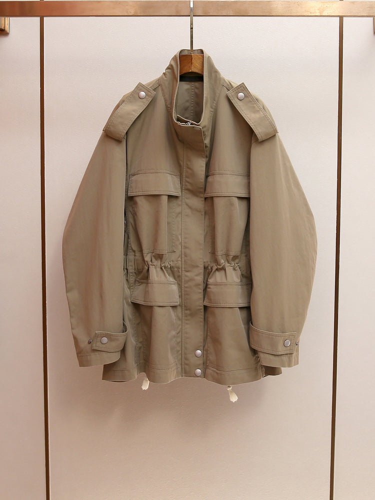 Shenzhen Nanyou high-end women's clothing autumn new French retro temperament workwear style stand-up collar drawstring trench coat for women