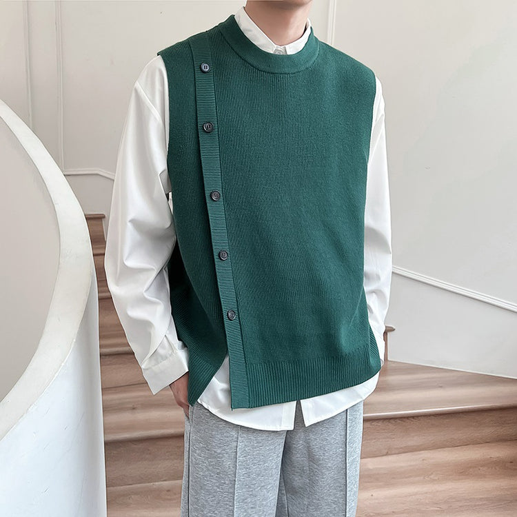 Light and familiar style 2023 Korean version solid color asymmetrical design sense personality knitted vest pullover sweater jacket vest men