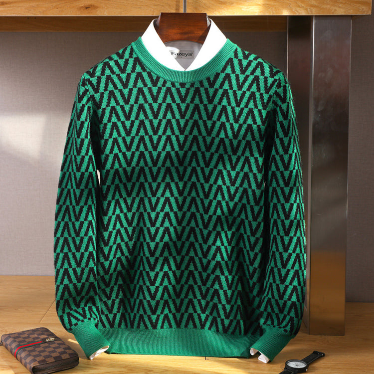 Men's 100% Pure Wool Sweater 2 Autumn/Winter New Coffee-Base White Wavy Round Neck Knit Non-Irritating Men's Wear
