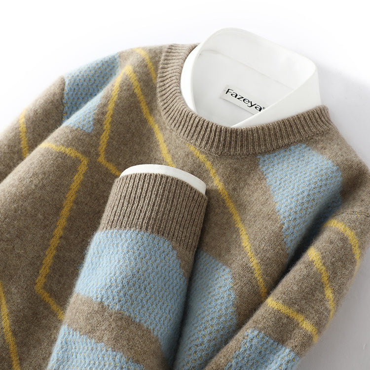 Men's pure wool sweater, teenage irregular pattern knit base shirt, winter plus-size cashmere sweater, crew neck sweater