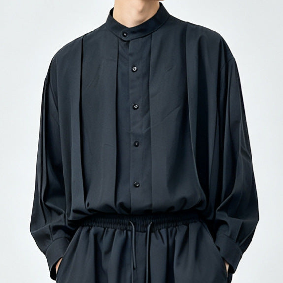 Japanese-style dark stand-collar long-sleeve shirt, loose drape Tencel shirt for men and women, pleated casual Lyocell top