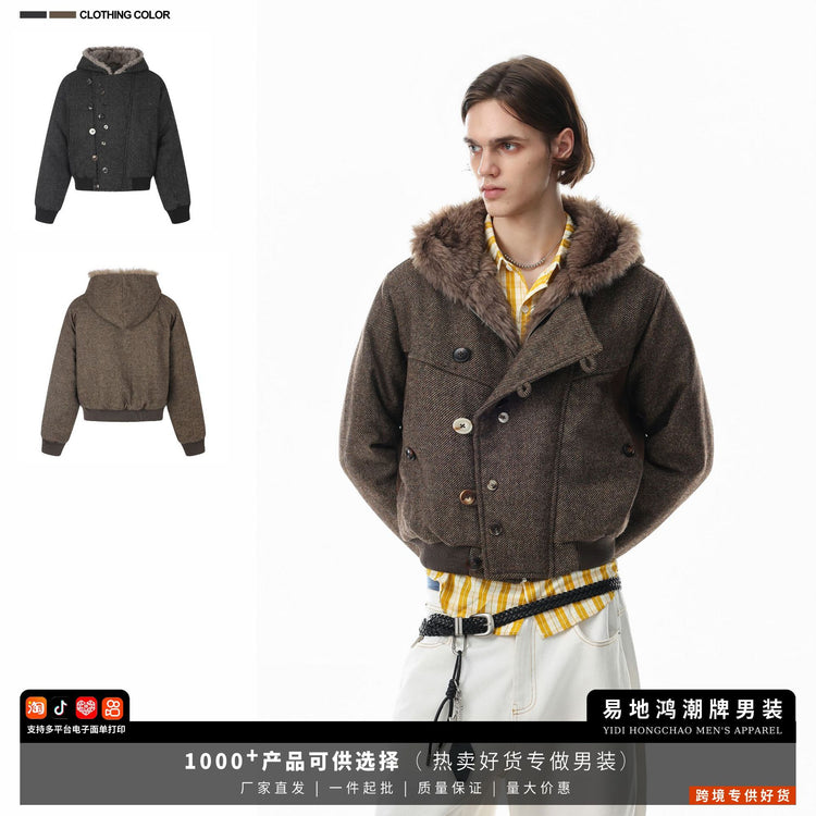 Vintage jacket, irregular button design, hooded cotton jacket for men, thickened warm, loose cotton jacket cross-border men's wear