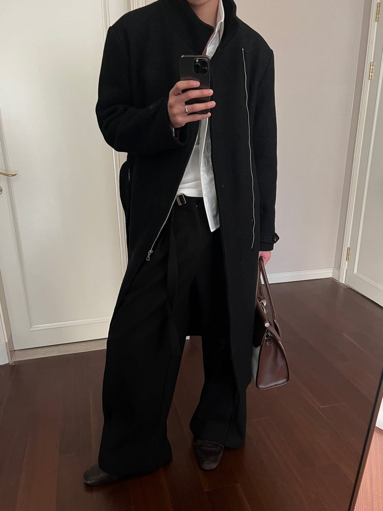 TAICHIISM "100 wool diagonal zipper" strap-on type small stand-up collar tucks lumbar muscle woolen old money coat