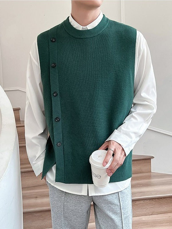 Light and familiar style 2023 Korean version solid color asymmetrical design sense personality knitted vest pullover sweater jacket vest men