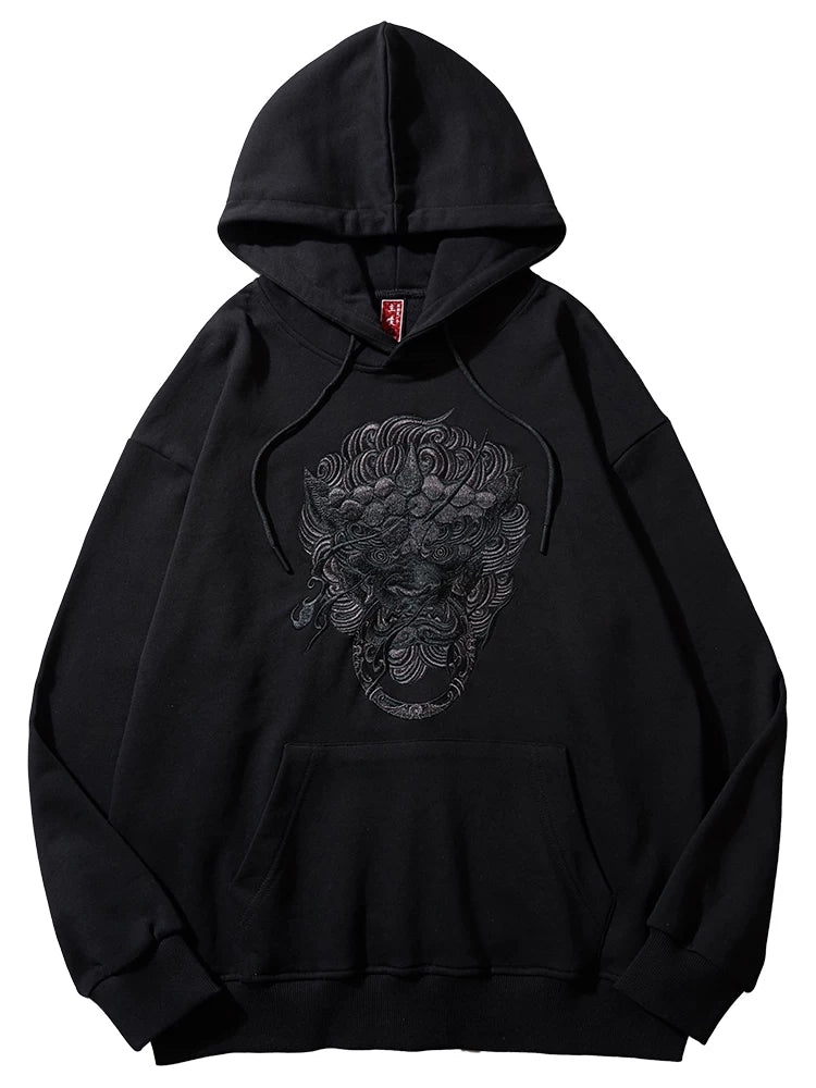 Chinese-style lion dance and embroidered hooded sweatshirt for men, loose and stylish autumn lion head, national trendy casual pure cotton long-sleeve hoodie