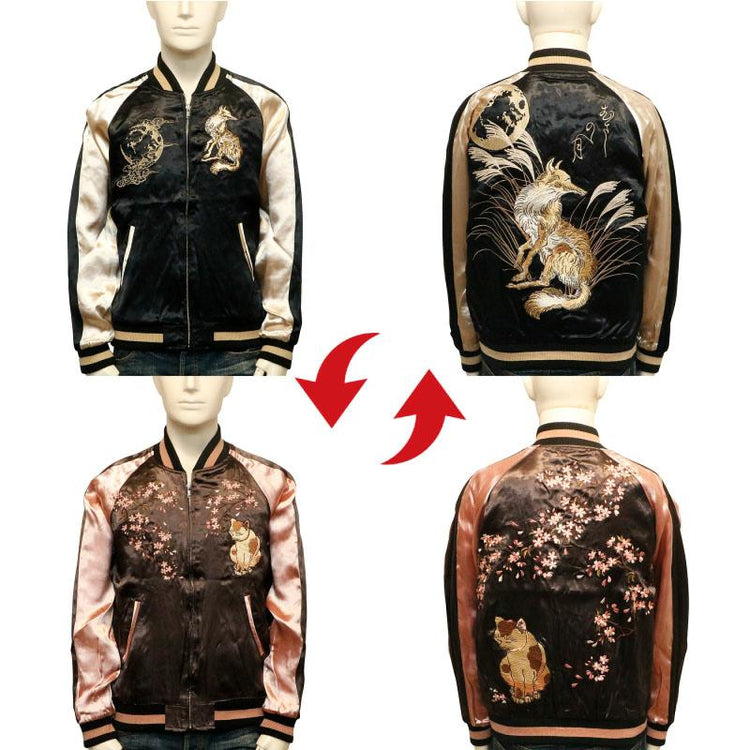 High-end Yokosuka SOUVENIR JACKET classic fox cat cherry blossom embroidery reversible jacket
