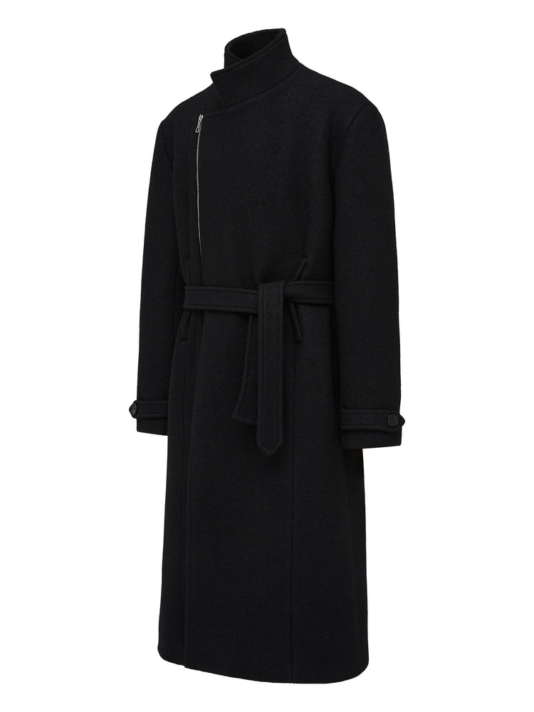 TAICHIISM "100 wool diagonal zipper" strap-on type small stand-up collar tucks lumbar muscle woolen old money coat