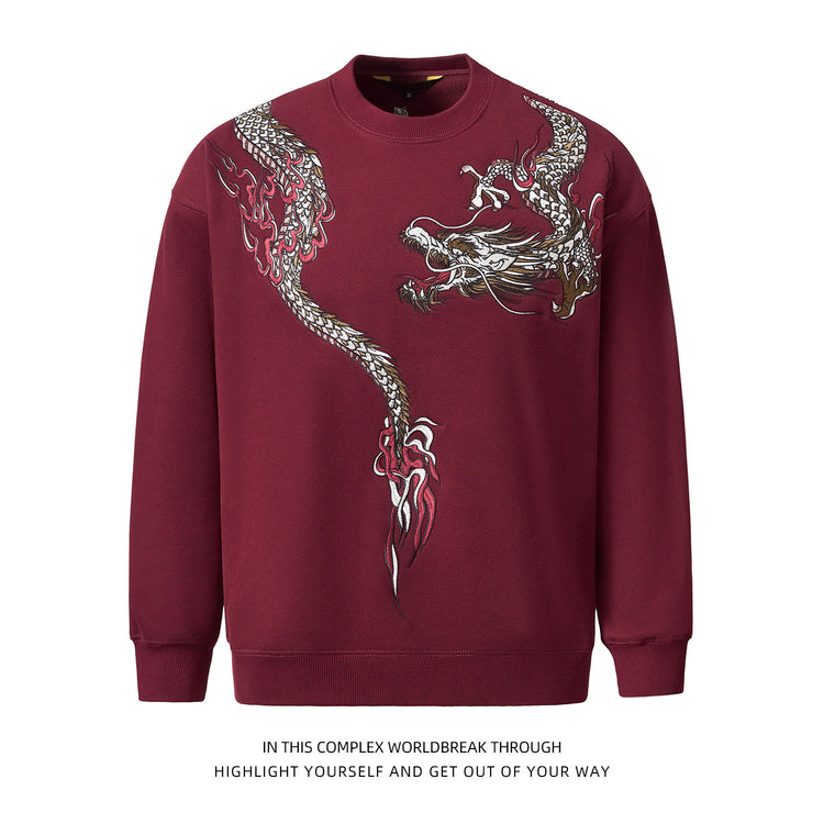 Sukajan Chinese-style Guochao heavy-industry dragon embroidery fleece crew neck pullover sweatshirt for men and women