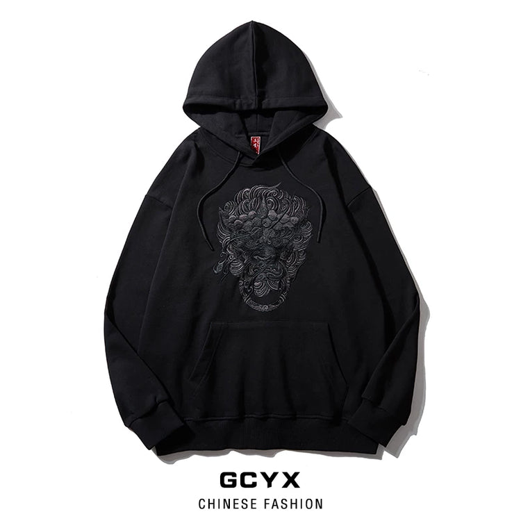 Chinese-style lion dance and embroidered hooded sweatshirt for men, loose and stylish autumn lion head, national trendy casual pure cotton long-sleeve hoodie