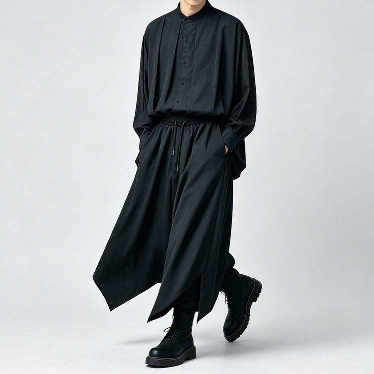 Japanese-style dark stand-collar long-sleeve shirt, loose drape Tencel shirt for men and women, pleated casual Lyocell top