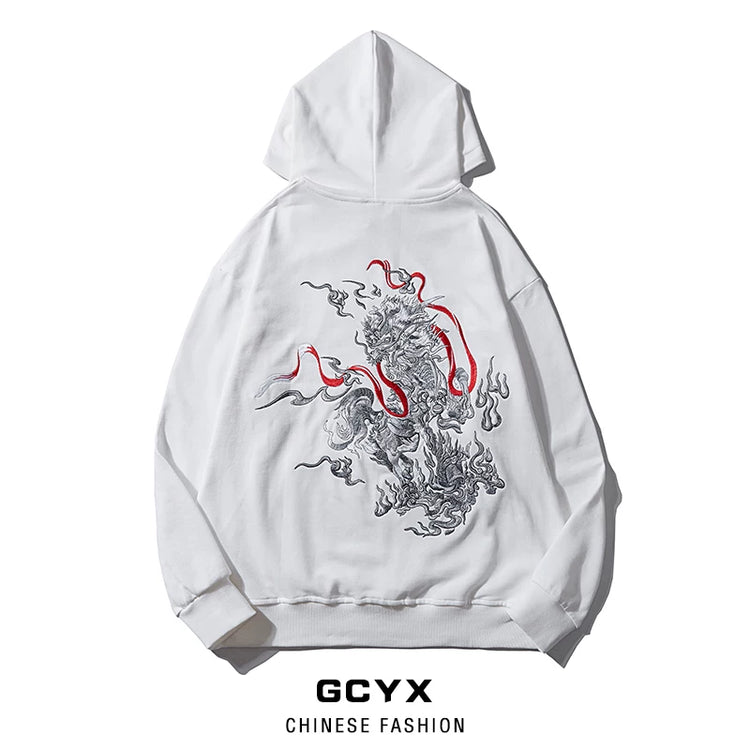 Chinese style unicorn cloud embroidered hooded sweatshirt men's autumn new loose cotton casual plus size hoodie national tide