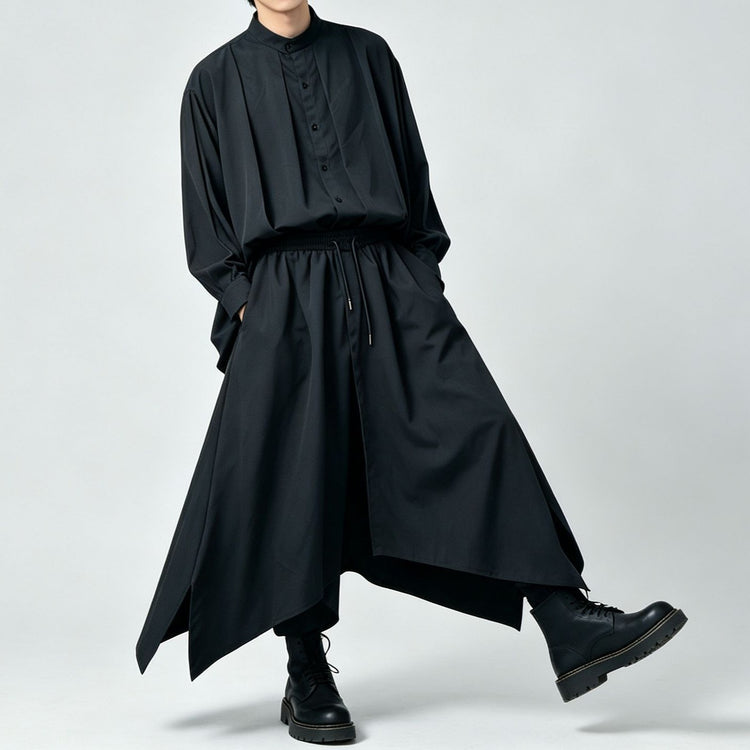 Japanese-style dark stand-collar long-sleeve shirt, loose drape Tencel shirt for men and women, pleated casual Lyocell top