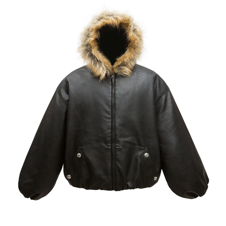 K20 American vintage street winter trendy PU leather design men's thickened warm seat carved hooded cotton jacket